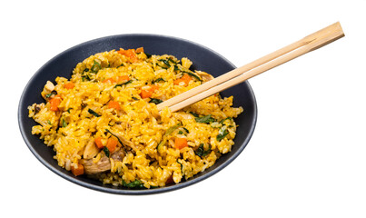 Vietnamese Fried Rice with vegetables and chicken in bowl with chopsticks cutout on white background