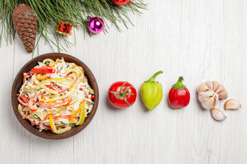 top view tasty chicken salad with mayyonaise and vegetables on white desk meat fresh salad meal snack