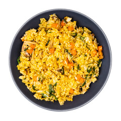 top view of Vietnamese Fried Rice with vegetables and chicken in bowl cutout on white background