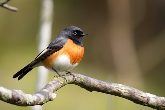 male redstart bird perched on tree branch, looking out over the forest, created with generative ai