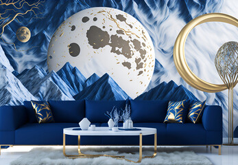 Modern Living Room 3D Interior Design with 3D Mural of Blue and Gold Background of Wave Mountain and Moon, Generative AI