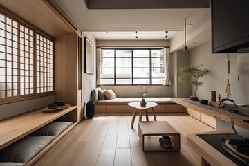 Fototapeta na wymiar a minimalist japanese style interior with a clean and airy aesthetic, created with generative ai