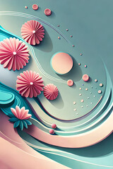 pastel color, 3d mural illustration wallpaper with flowers and circles