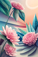 pastel color, 3d mural illustration wallpaper with flowers and circles