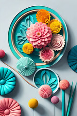pastel color, 3d mural illustration wallpaper with flowers and circles