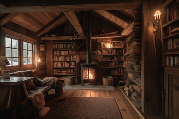 cozy cabin retreat with roaring fire and stack of books in the corner, created with generative ai