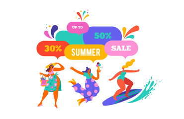 Summer festival, summer sale poster, modern style characters, people at summer. Swimming, traveling, surfing, making fun on beach and pool