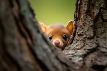 baby animal peeking out from behind tree trunk, created with generative ai