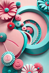 pastel color, 3d mural illustration wallpaper with flowers and circles