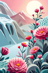 pastel color, 3d mural illustration wallpaper with flowers and circles