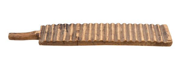 side view of vintage Rubel wooden board for rolling linen cutout on white background