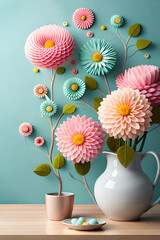 pastel color, 3d mural illustration wallpaper with flowers and circles