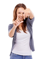 Fototapeta premium Portrait, finger frame and photography with a woman isolated on a transparent background for dimensions or measurement. Face, hands or PNG with an attractive young female model posing for hand border