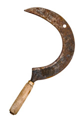 old rusty sickle with wooden handle cutout on white background