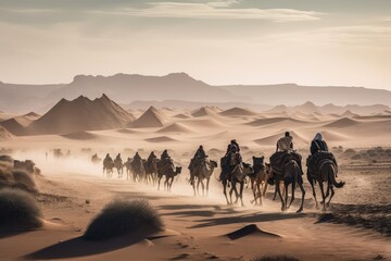 Fototapeta na wymiar tribe traveling across vast desert, with camels and banners flying in the wind, created with generative ai