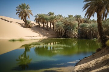 Fototapeta na wymiar oasis with clear blue water, surrounded by dunes and palm trees, created with generative ai