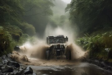 Obraz na płótnie Canvas off-road vehicle bursting through a raging waterfall, with mist and rain in the air, created with generative ai