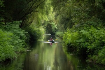 Fototapeta na wymiar person paddling their canoe down tranquil stream, surrounded by greenery, created with generative ai