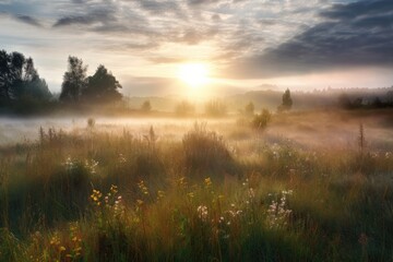 Fototapeta na wymiar cloudy sunrise above misty meadow, with rays of sunlight filtering through the clouds, created with generative ai