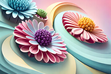 pastel color, 3d mural illustration wallpaper with flowers and circles
