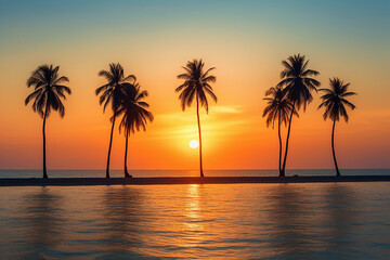 row of palm trees sunset on the beach, AI Generated