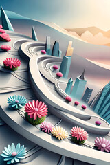 pastel color, 3d mural illustration wallpaper with flowers and circles