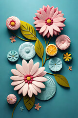 pastel color, 3d mural illustration wallpaper with flowers and circles
