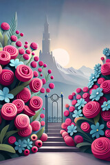 pastel color, 3d mural illustration wallpaper with flowers and circles