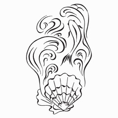 Marine pattern with waves and fish and shell. Black and white line drawing by hand. Pattern design for clothes. Vector illustration isolated on white. Tattoo design.