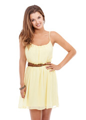 Woman in portrait with smile, fashion and stylish in yellow summer dress isolated on transparent, png background. Young female model, posing with confidence and beauty, designer clothes and glamour