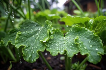 close-up of lush garden, with dew droplets on the leaves, created with generative ai