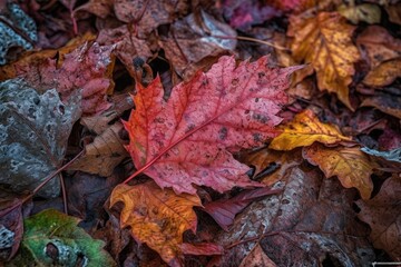 close-up of fallen leaves with vibrant colors and textures, created with generative ai