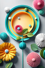 pastel color, 3d mural illustration wallpaper with flowers and circles