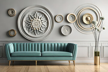 pastel color, 3d mural illustration wallpaper with flowers and circles in light gray background