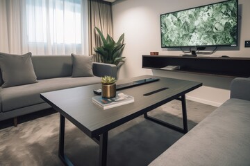 smart tv with video conference, white coffee table and grey sofa, created with generative ai