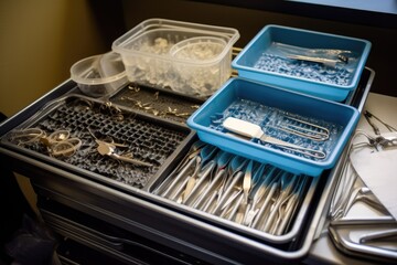 sterilization tray filled with surgical instruments in preparation for, created with generative ai