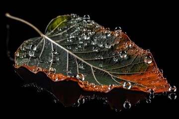 fallen leaf, with droplets of water and dew on its surface, against black background, created with generative ai