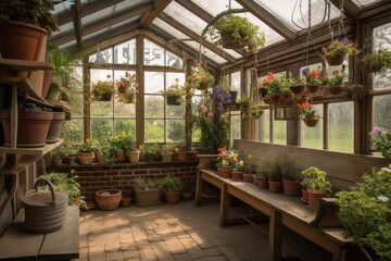 Fototapeta na wymiar greenhouse with hanging baskets, flowering plants and wooden bench, created with generative ai