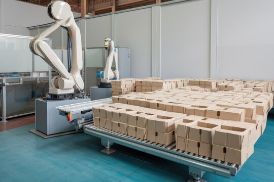 packaging and sorting robot, sorting boxes of different shapes and sizes into orderly stack, created with generative ai