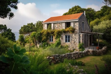 Fototapeta na wymiar rustic stone house, surrounded by lush greenery, overlooking the sea, created with generative ai