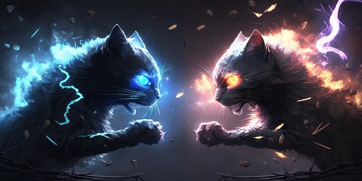 Abstract image art in two young cat fighting with laser powerful spotlight coloring. Theme of flashing aura cyberpunk of kitten eyes in fantastic fighting in arena. Glorious generative AI.