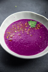 cream soup red cabbage first dish purple meal food snack on the table copy space food background rustic top view 