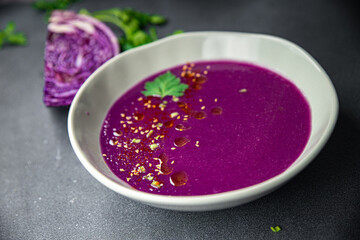 cream soup red cabbage first dish purple meal food snack on the table copy space food background rustic top view 