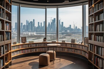 Fototapeta na wymiar library, with view of the city skyline in the background, offering a place of escape and inspiration, created with generative ai