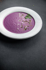 cream soup red cabbage first dish purple meal food snack on the table copy space food background rustic top view 