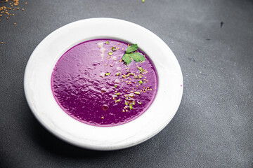 cream soup red cabbage first dish purple meal food snack on the table copy space food background rustic top view 