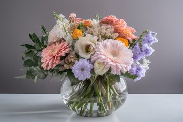 vibrant bouquet of pastel flowers in clear vase, created with generative ai