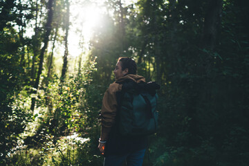 Anonymous man with backpack standing in forest in daytime