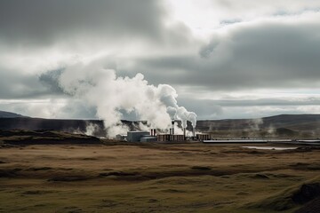 Fototapeta na wymiar geothermal power plant, with steam and smoke rising from its vents, created with generative ai