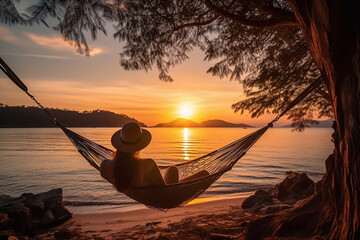 A woman relaxing on a hammock on the beach at sunset , AI generated